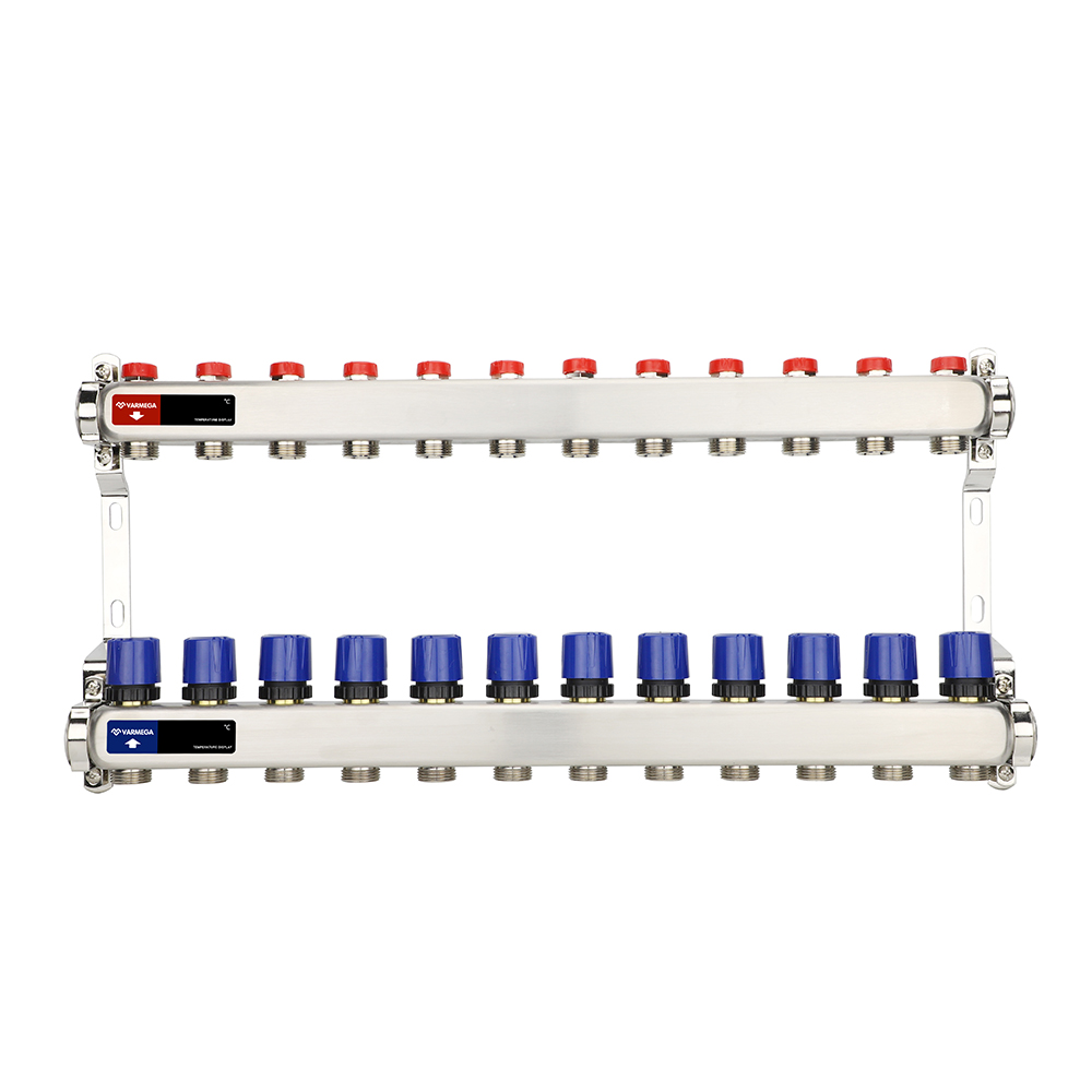 Коллекторная группа с балансировочными вентилями, нержавеющая сталь, 1", 12 x 3/4"EK