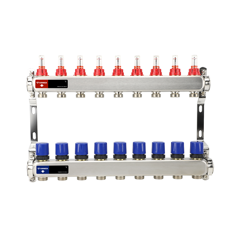 Распределительный коллектор (группа) с расходомерами ВР 1", на 9 контуров 3/4" EK, нержавеющая сталь