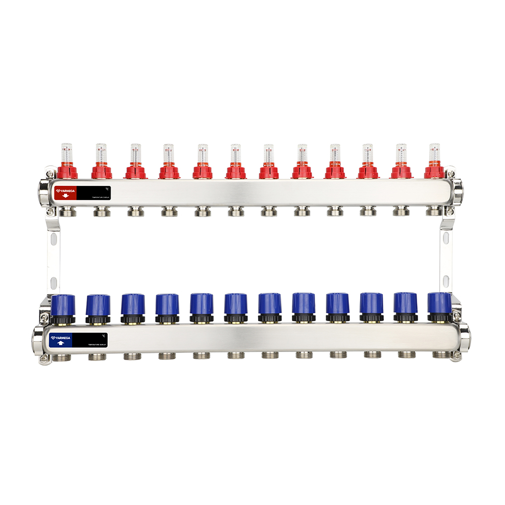 Распределительный коллектор (группа) с расходомерами ВР 1", на 12 контуров 3/4" EK, нержавеющая сталь