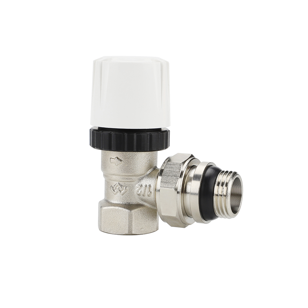 Термостатический клапан (терморегулятор), 1/2" ВР-НР, угловой, с самоуплотняющимся полусгоном