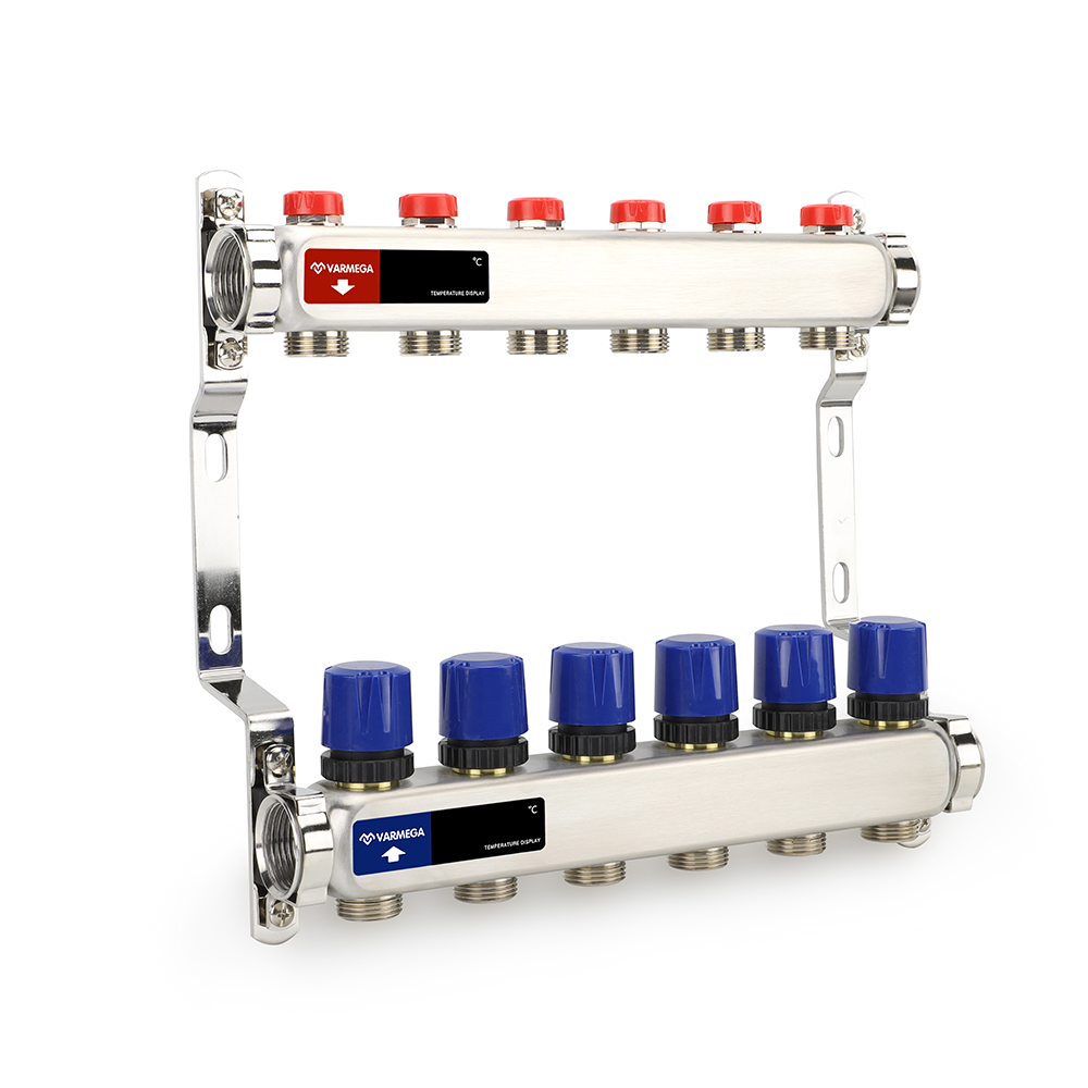 Коллекторная группа с балансировочными вентилями, нержавеющая сталь, 1", 6 x 3/4"EK