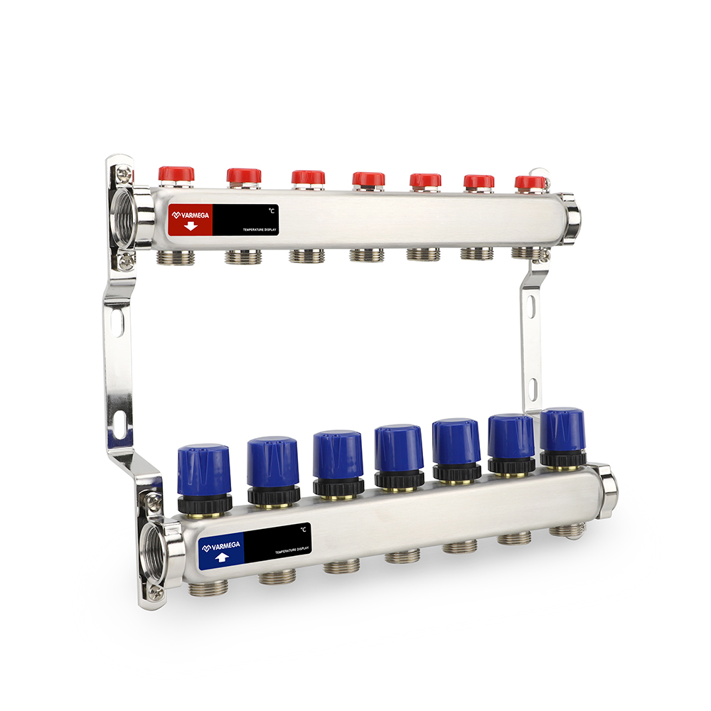 Коллекторная группа с балансировочными вентилями, нержавеющая сталь, 1", 7 x 3/4"EK
