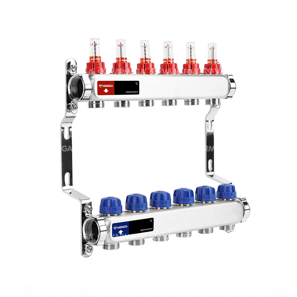 Распределительный коллектор (группа) с расходомерами Varmega VM15106 ВР 1", на 6 контуров 3/4" EK, нержавеющая сталь