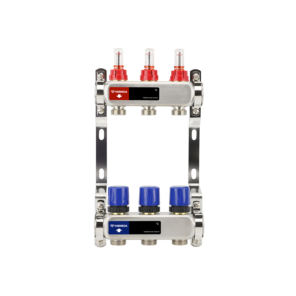 Распределительный коллектор (группа) с расходомерами ВР 1", на 3 контура 3/4" EK, нержавеющая сталь
