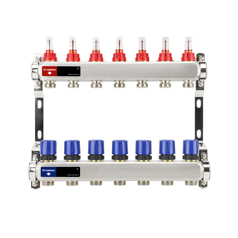 Распределительный коллектор (группа) с расходомерами ВР 1", на 7 контуров 3/4" EK, нержавеющая сталь