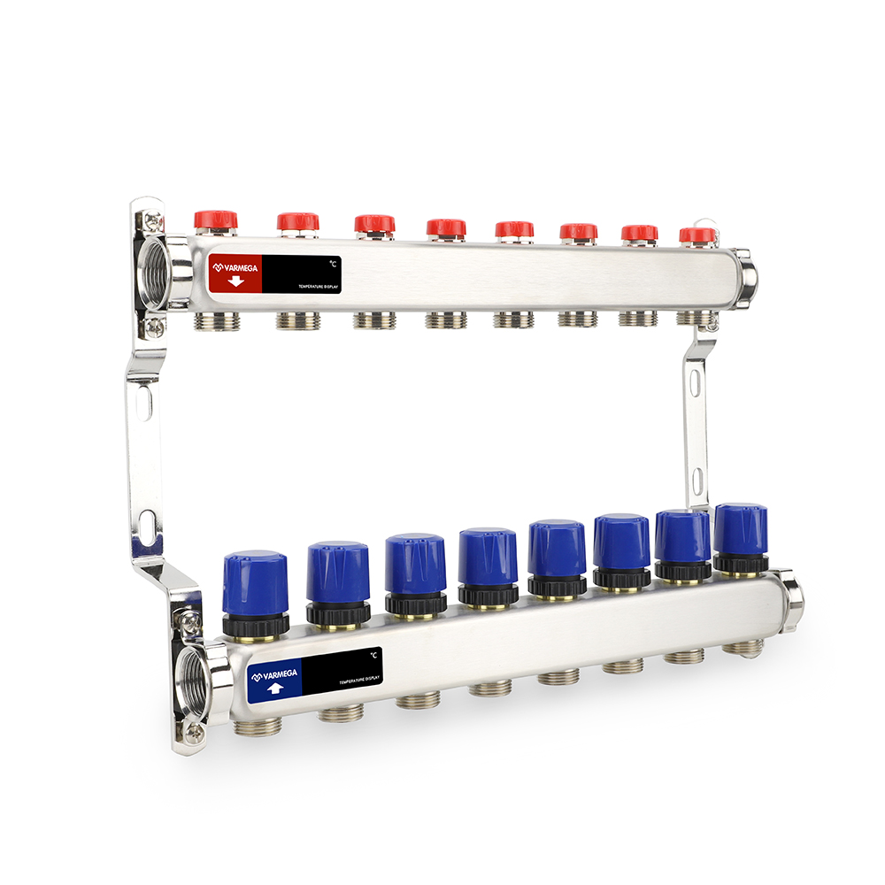 Коллекторная группа с балансировочными вентилями, нержавеющая сталь, 1", 8 x 3/4"EK