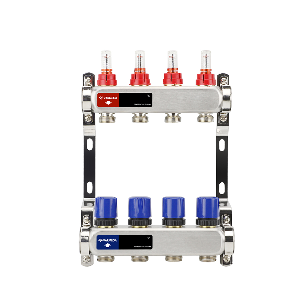 Распределительный коллектор (группа) с расходомерами ВР 1", на 4 контура 3/4" EK, нержавеющая сталь