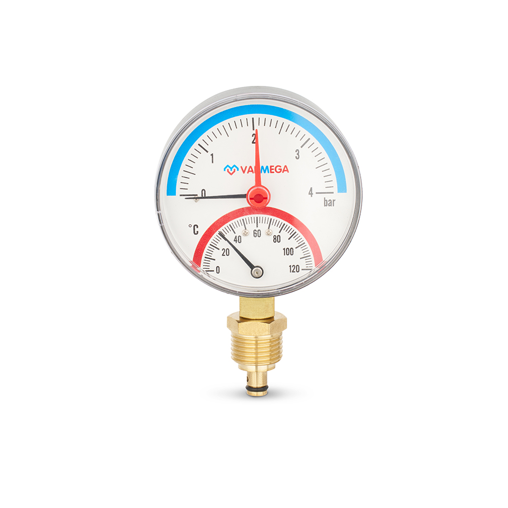 Термоманометр радиальный, диаметр 80 мм, 4 бар, 120°С, 1/2", с запорным клапаном