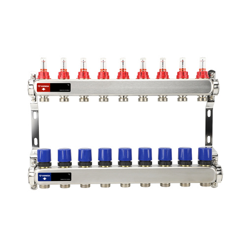 Распределительный коллектор (группа) с расходомерами ВР 1", на 9 контуров 3/4" EK, нержавеющая сталь