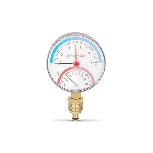 Термоманометр радиальный, диаметр 80 мм, 10 бар, 120°С, 1/2", с запорным клапаном