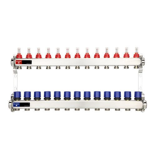 Распределительный коллектор (группа) с расходомерами ВР 1", на 13 контуров 3/4" EK, нержавеющая сталь