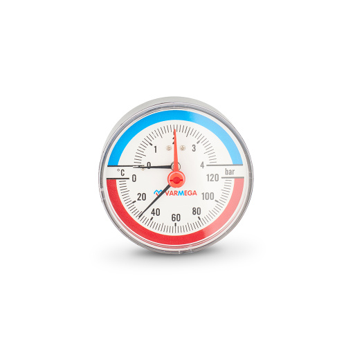Термоманометр аксиальный, диаметр 80 мм, 4 бар, 120°С, 1/2", с запорным клапаном