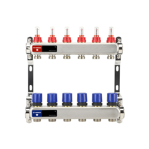 Распределительный коллектор (группа) с расходомерами ВР 1", на 6 контуров 3/4" EK, нержавеющая сталь